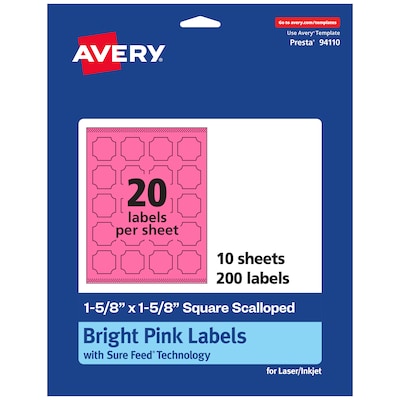 Avery Square Scalloped Laser/Inkjet Multipurpose Labels, 1-5/8 x 1-5/8, Bright Pink (200/Pack)