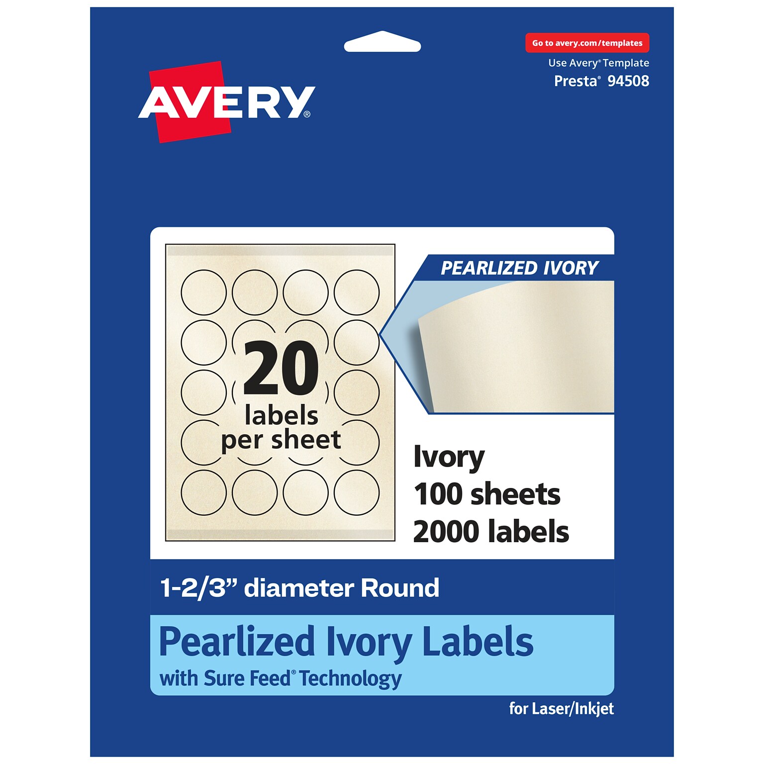Avery Pearlized Ivory Circle Multipurpose Labels, 1-2/3 Dia., Ivory, 2000/Box (94508)
