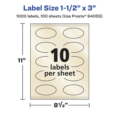 Avery Pearlized Ivory Oval Multipurpose Labels, 1.5" x 3", Ivory, 1000/Box (94055)