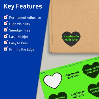 Avery Heart Shaped Laser/Inkjet Multipurpose Labels, 2-9/32 x 1-27/32, Neon Green, 960/Box (94603)