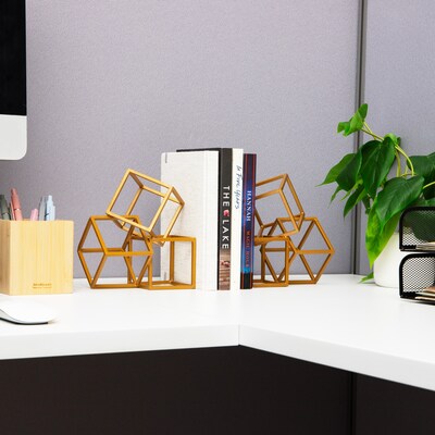 Mind Reader Geometric Cube Metal Book Ends, 6", Gold (BLOCKS2-GLD)