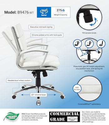 Boss Office Products Ergonomic CaressoftPlus Vinyl Swivel Executive Chair, White (B9476-WT)