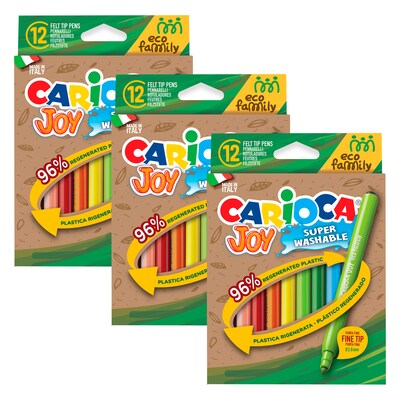 CARIOCA Joy Eco Washable Kids Markers, Fine Tip, Assorted Colors, 12/Pack, 3/Bundle (CRA43462-3)