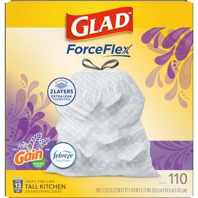 Glad ForceFlex Tall 13 Gallon Drawstring Kitchen Trash Bag, Gain Lavender with Febreze Freshness, White, 110 Total Bags (79157)