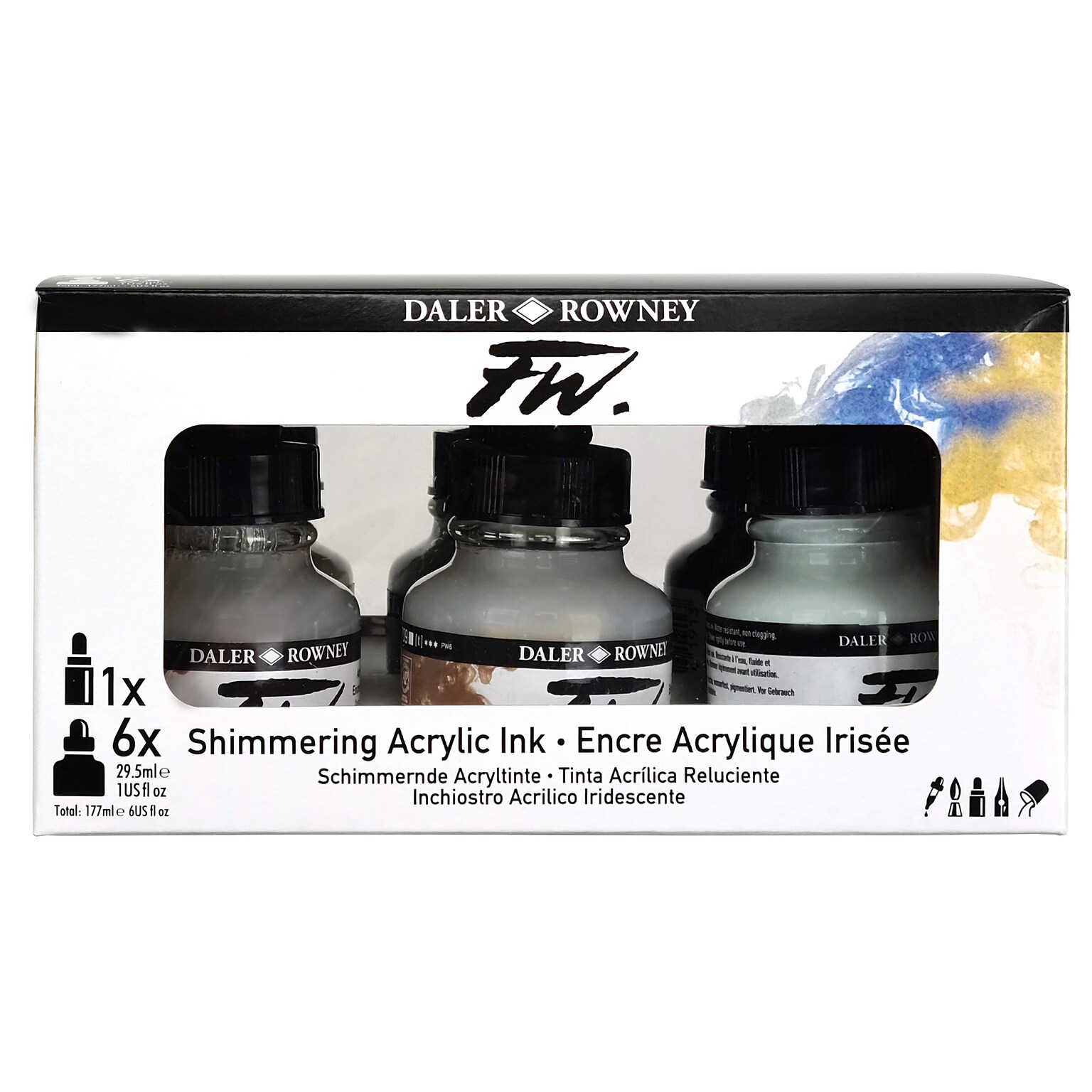 Daler-Rowney FW Acrylic Ink, Assorted Colors, 29.5ml, 6/Set (DRW160110007)