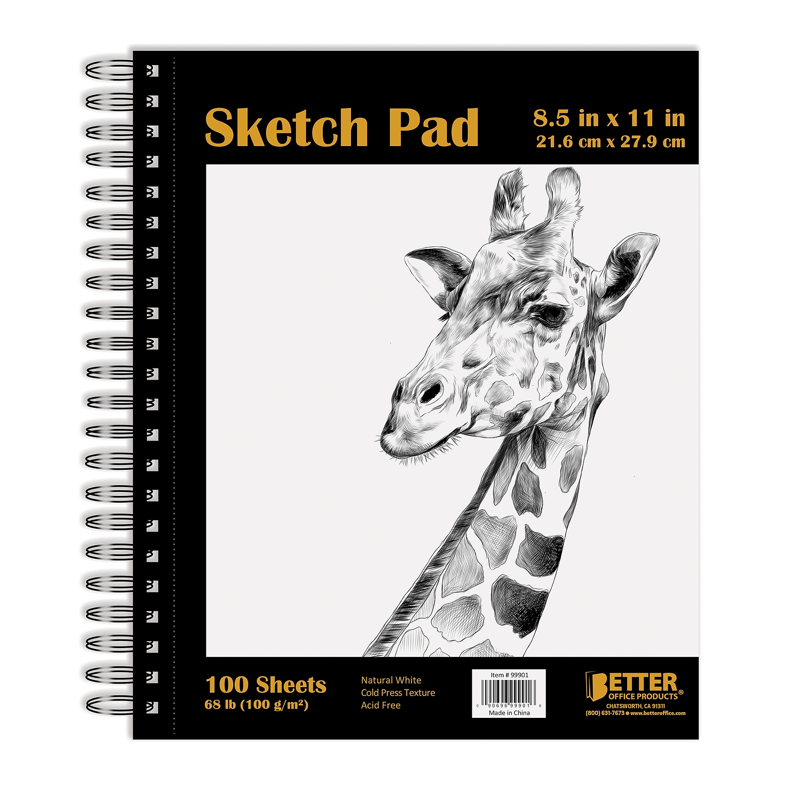 Better Office Products Artist Sketch Book, Spiral Bound,  8.5 x 11, Premium Paper, 100 Sheets (01302)