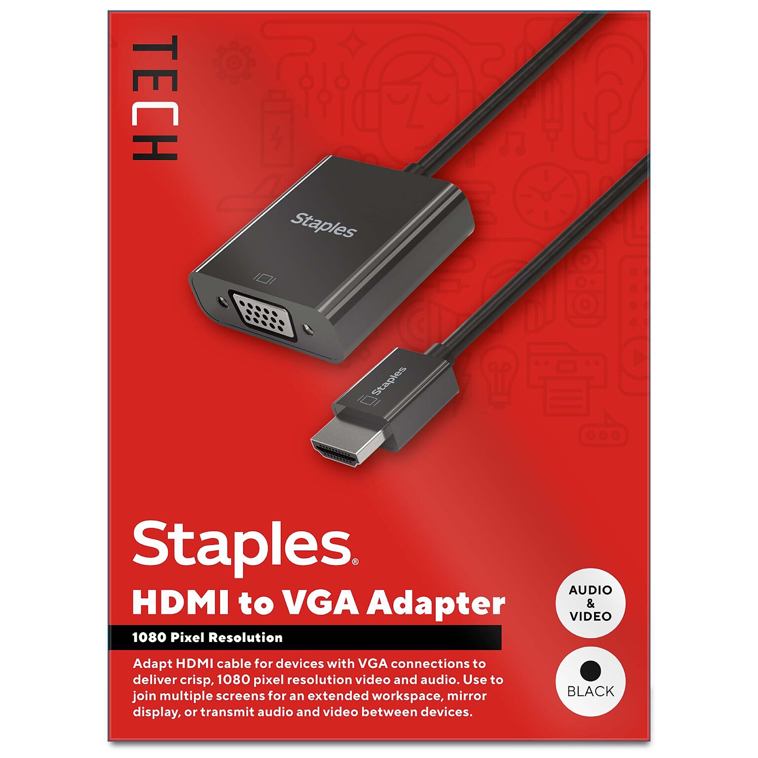 Staples TECH HDMI to VGA Audio/Video Adapter, Male to Female, Black (ST62356)