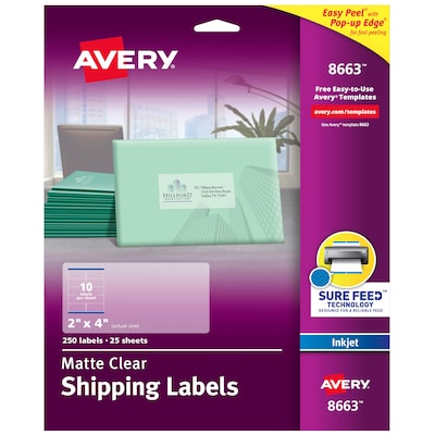 Avery Easy Peel Inkjet Shipping Labels, 2 x 4, Clear, 10 Labels/Sheet, 25 Sheets/Pack (8663)
