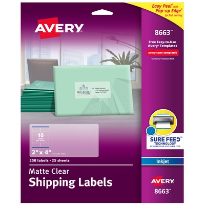 Avery Easy Peel Inkjet Shipping Labels, 2 x 4, Clear, 250 Labels/Pack (8663)