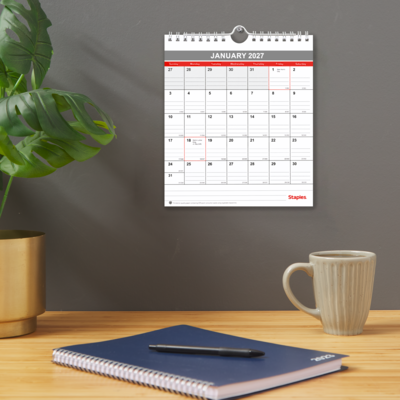 2027 Staples 6.5" x 7.5" Monthly Wall Calendar, White/Red/Gray (ST53923-27)
