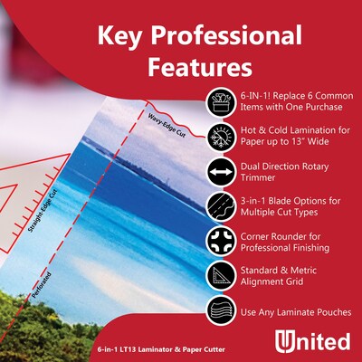 United LT13 Thermal & Cold Laminator with Paper Trimmer and Corner Rounder, 13" Width, Black/White (LT13)