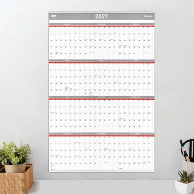 2027 Staples 24" x 36" Yearly Wall Calendar, White/Red/Gray (ST53999-27)