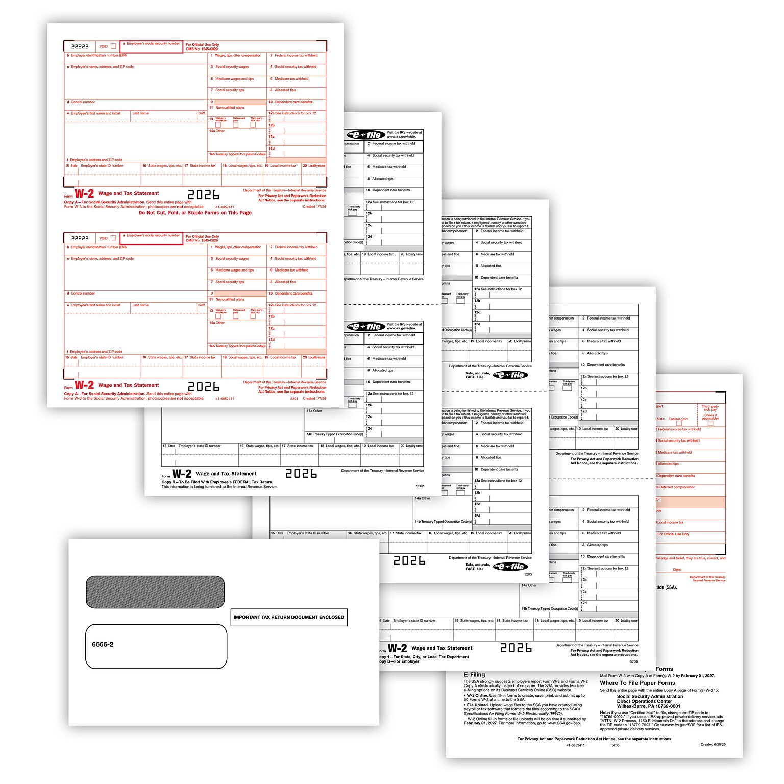 ComplyRight 2026 W-2 Tax Form Copy A, B, C, 2, D, 1, Transmittal Forms, 4-Part, 2-Up, 25/Pack (5650E25)