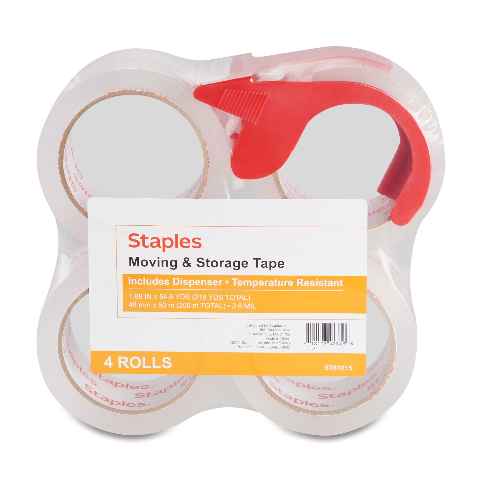 Staples Packing Tape with Dispenser, 1.88W x 54.6 yds., Clear, 4/Pack (52529/31687)