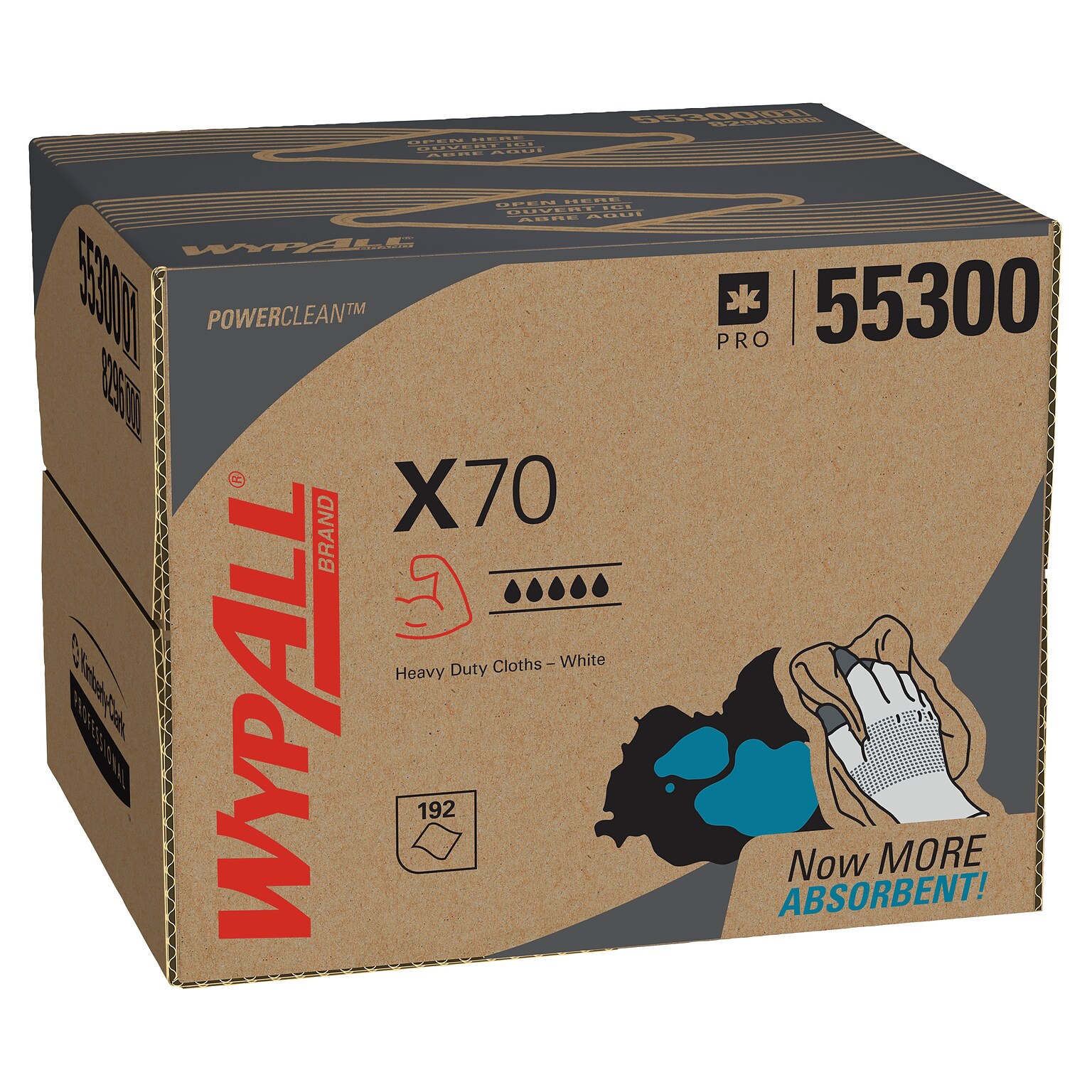 WypAll PowerClean X70 Cloths, 11.1 x 16.8, White, 192 Sheets/Box (55300)