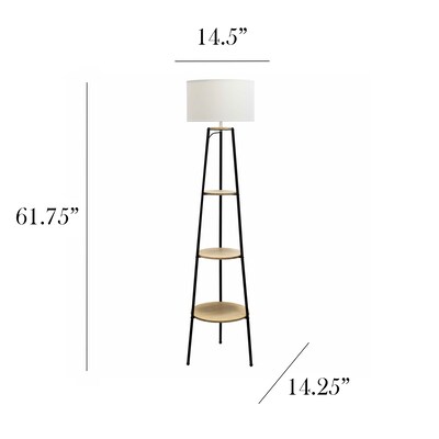 Simple Designs 62.5" Tall Modern Tripod 3 Tier Shelf Standing Floor Lamp with White Drum Fabric Shade, Light Wood (LF2015-LWD)