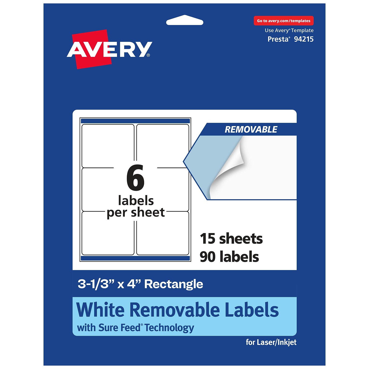 Avery Laser/Inkjet Multipurpose Rectangle Labels, 3.33 x 4, White, 90 Labels/Pack (94215)