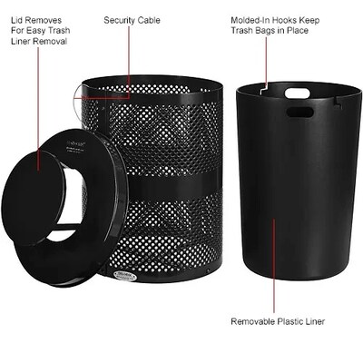 Global Industrial Outdoor Perforated Steel Trash Can w/ Rain Bonnet Lid, 36 Gallon, Black (261927BK)