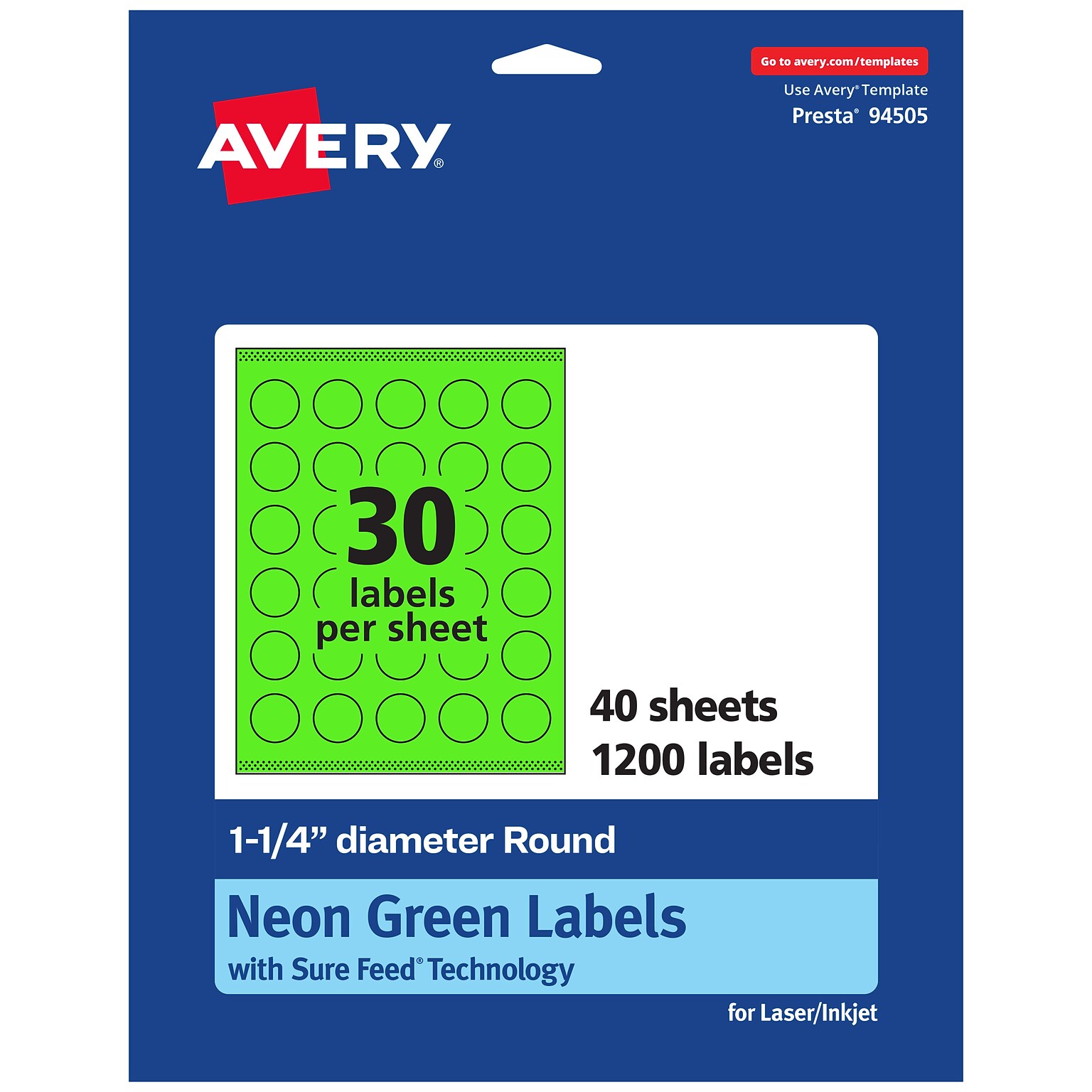Avery Laser/Inkjet Multipurpose Circle Labels, 1.25 Dia., Neon Green, 1200/Pack (94505)