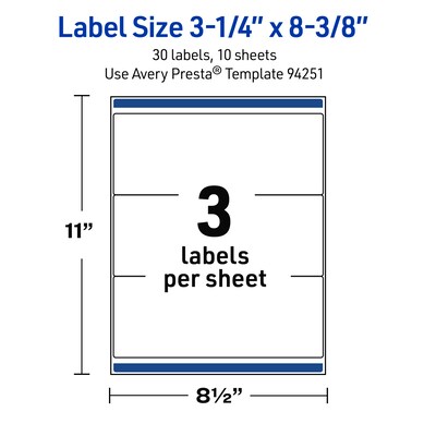 Avery Rectangle Laser Multipurpose Labels, 3-1/4" x 8-3/8", White, 30/Pack (19479399344)
