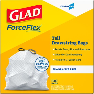 Glad ForceFlex Tall 13 Gallon Drawstring Commercial Trash Bag, Low Density, 0.6 mil, White, 100 Total Bags (78374)