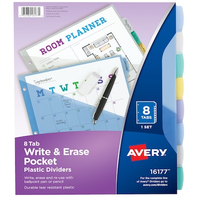 Avery Write & Erase Pocket Plastic Dividers, 8 Tabs, Multicolor (16177)