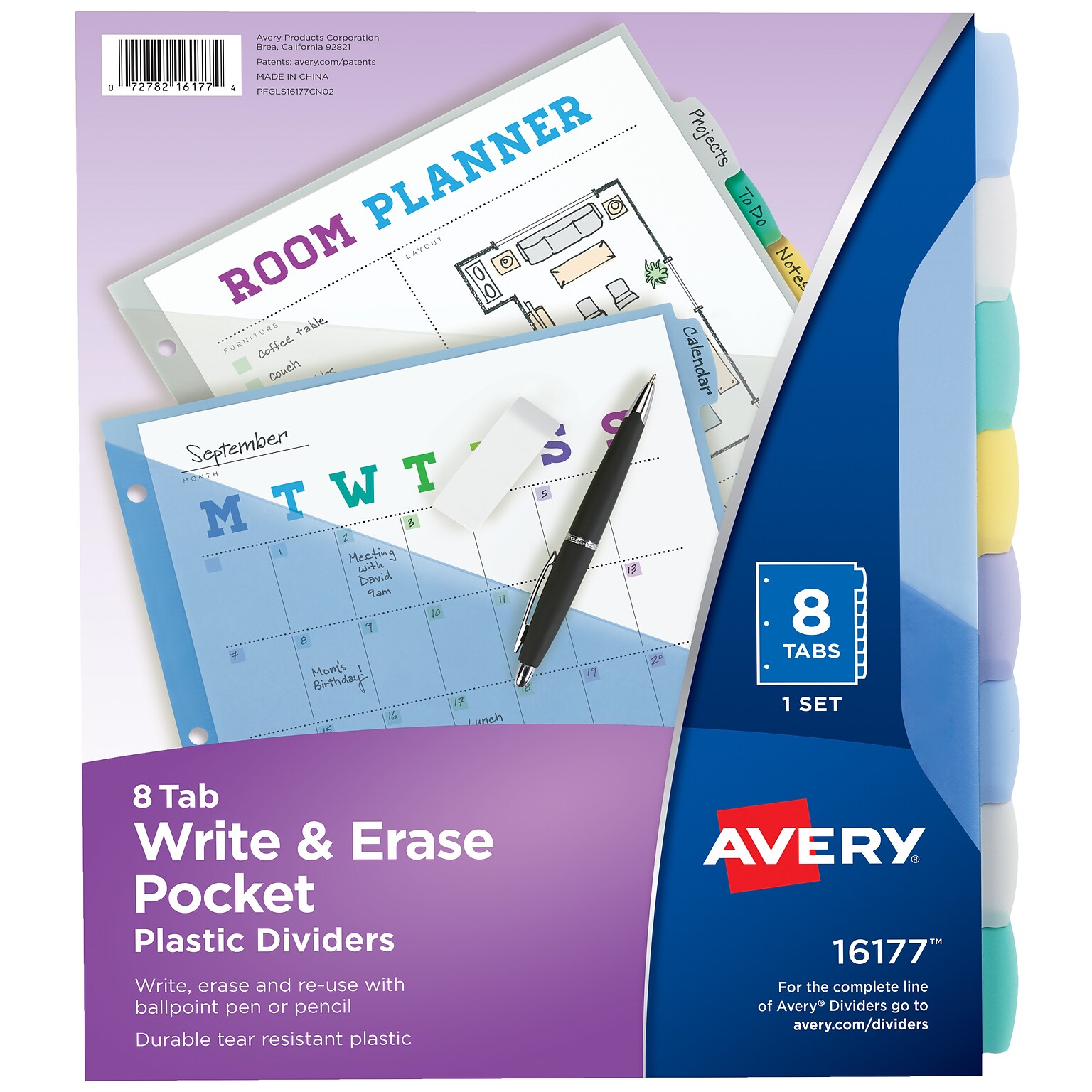 Avery Write & Erase Pocket Plastic Dividers, 8 Tabs, Multicolor (16177)