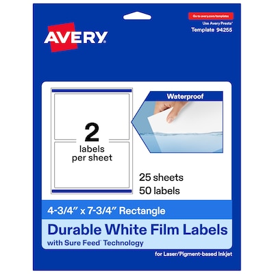 Avery Laser/Inkjet Rectangle Waterproof Multipurpose Labels, 7.75  x 4.75, White, 50/Pack (94255)