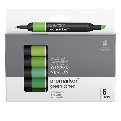 Winsor & Newton Promarker Dual-Tip Alcohol Based Marker, Green Tones, 6/Pack (WNX0290158)