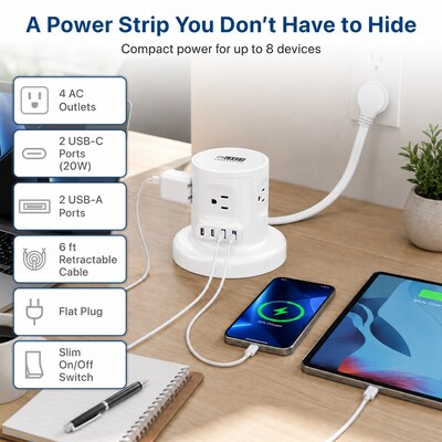 Uncaged Ergonomics Retractable Power Strip with USB-C, 4 AC Outlets, 4 USB Ports and 6ft Retractable Cord, White (RC-white)