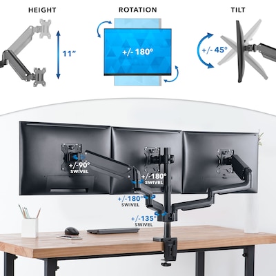 Mount-It! Adjustable Triple Monitor Mount with Gas Spring Arms, Up to 27", Black (MI-4753B)