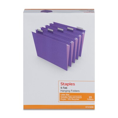 Staples® Hanging File Folder, 5-Tab, Letter Size, Purple, 25/Box (TR419200)