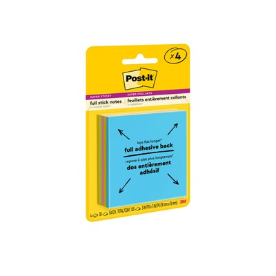 Post-it® Super Sticky Full Stick Notes, 3" x 3", Energy Boost Collection, 25 Sheets/Pad, 4 Pads/Pack (F330-4SSAU)