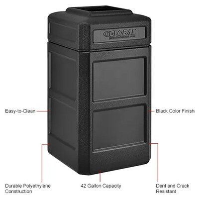 Global Industrial Square Plastic Waste Receptacle w/ Flat Lid, 42 Gallon, Black (641413BK)