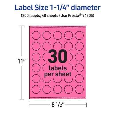 Avery Laser/Inkjet Round Multipurpose Labels, 1.25" Dia., Bright Pink, 1200/Pack (94505)