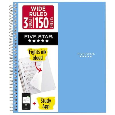 Five Star with Study App 3-Subject Notebooks, Wide Ruled, 150 Sheets, Blue (930011CG1-ECM26)
