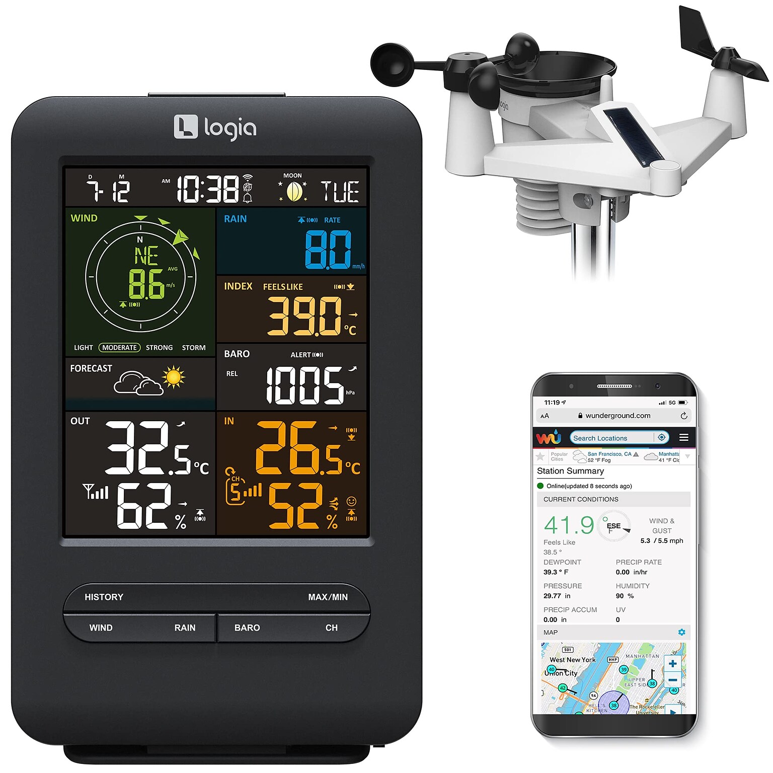 Logia 5-in-1 Wi-Fi Weather Station w/ Solar, Alarms and More, Indoor/Outdoor Weather Station (LOWSC510SWB)
