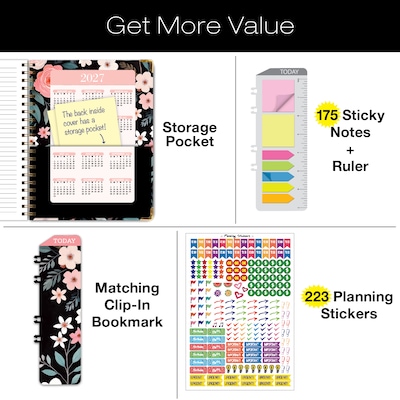 2026-2027 Excello Brands 8.5" x 11" Academic Weekly & Monthly Planner, Paperboard Cover, Black Floral Pink (FSHN-AY26-8511-06)