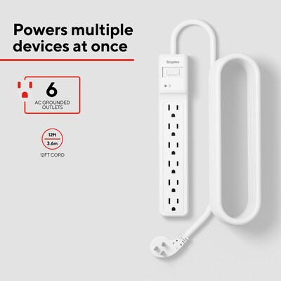 Staples TECH 6-Outlet Surge Protector, 12, 1800 Joules, White (ST62768)