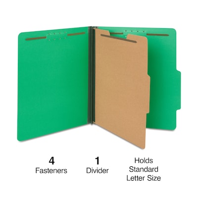 Quill Brand® 2/5-Cut Tab Pressboard Classification File Folders, 1-Partition, 4-Fasteners, Letter, Green, 15/Box (746034)