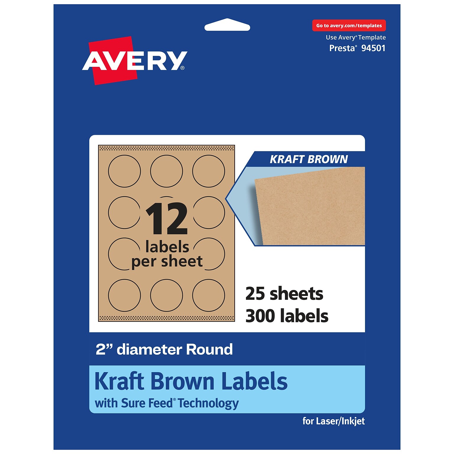 Avery Laser/Inkjet Round Multipurpose Labels, 2 Dia., Kraft Brown, 300 Labels/Pack (94501)