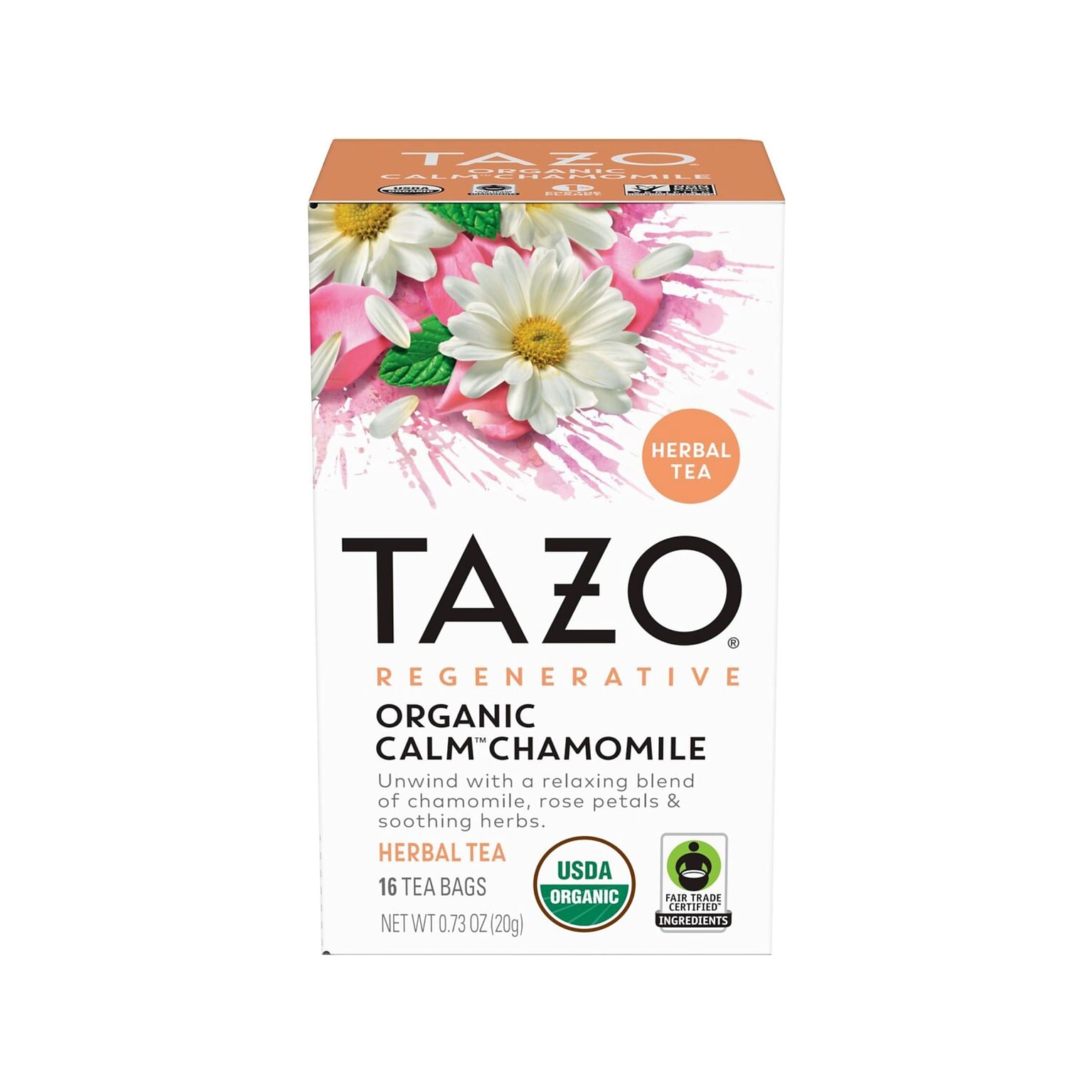 Tazo Calm Decaf Chamomile Herbal Tea, Tea Bag, 0.73 Oz., 16/Box (10794522003546)