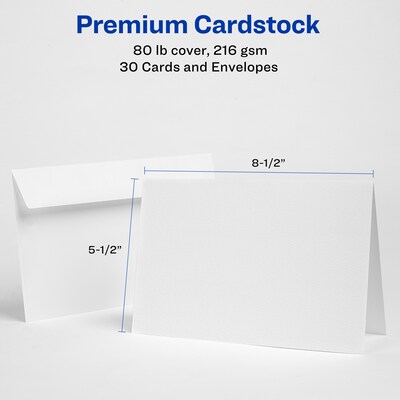Avery Half-Fold Greeting Cards with Envelopes, 5.5" x 8.5", Matte White, Inkjet, 30/Pack (08316)