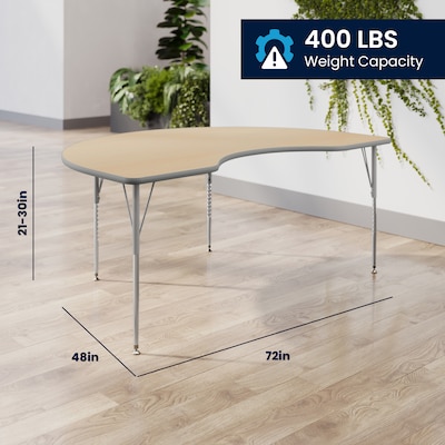 Flash Furniture Wren Kidney Activity Table, 72" x 48", Height Adjustable, Light Natural Top/Silver Frame (XUA4872KDLNTA)