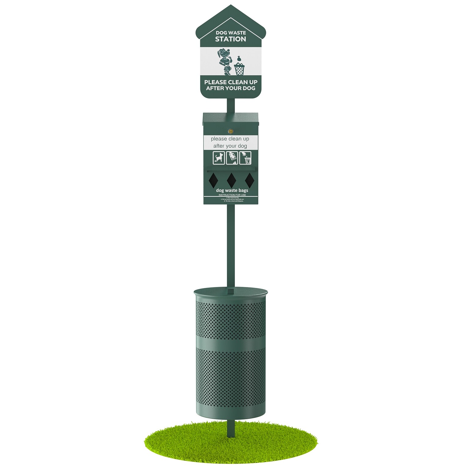 Furloo Steel Outdoor Pet Waste Station Kit with Roll Bag Dispenser, 11.5 Gallon, Green (FLO1R-S-G)