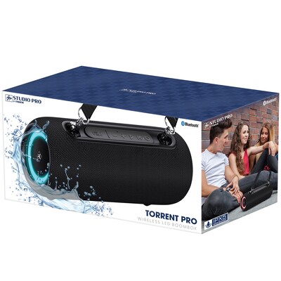 STUDIO PRO by FISHER Torrent Pro Wireless Bluetooth FM Radio LED Boom Box & Speakerphone, Water Resi