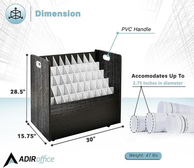 AdirOffice 50-Slot Mobile Roll File, Lockable, 28.5"H x 30"W x 15.75"D, Black (626-BLK-KIT1)