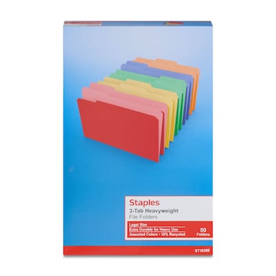 Staples® Heavyweight File Folders, 1/3 Cut Tab, Legal Size, Assorted Colors, 50/Box (TR18366)