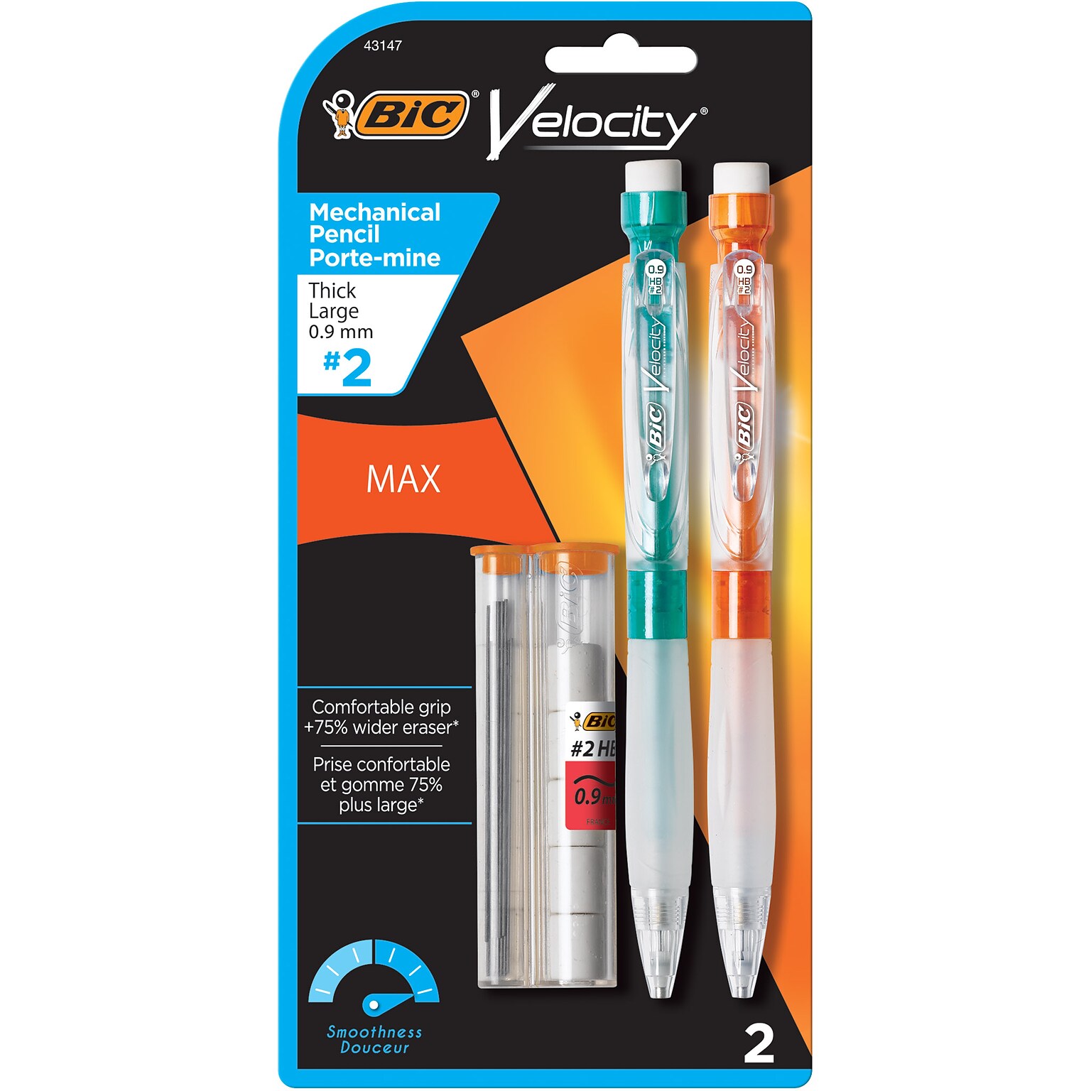 BIC Velocity Max Mechanical Pencil, 0.9mm, #2 Hard Lead, 2/Pack (MPMX9P21-BLK)