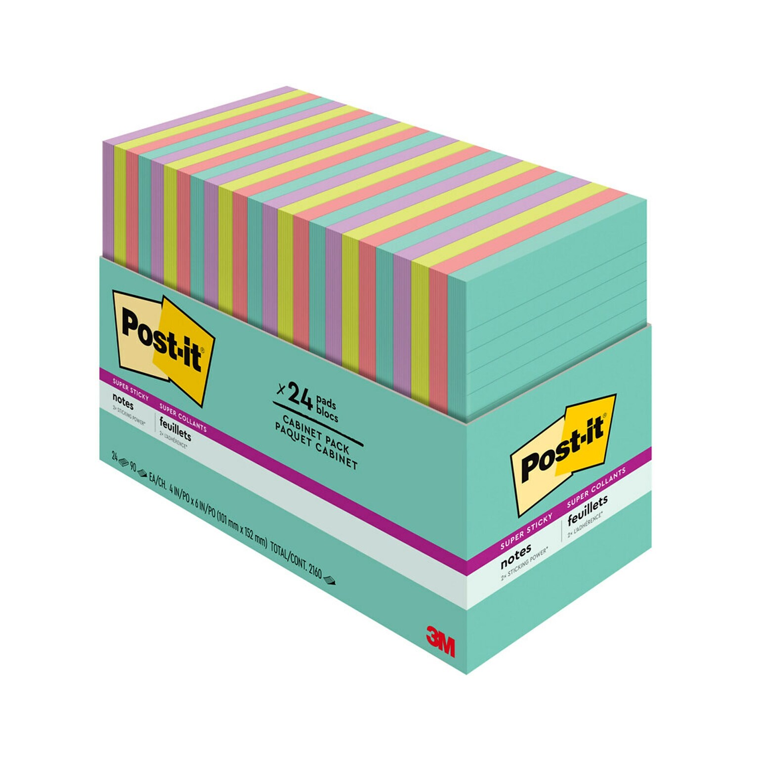 Post-it Super Sticky Notes, 4 x 6, Supernova Neons Collection, Lined, 45 Sheets/Pad, 24 Pads/Pack (660-24SSMIA-CP)